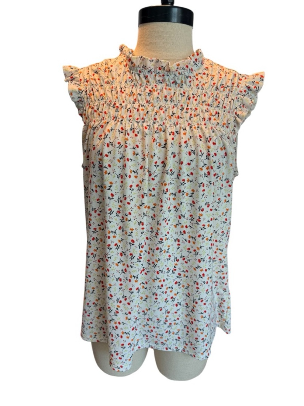 Adrianna Papell Floral Smocked Blouse Large Ruffle Sleeve Ditsy Print Top